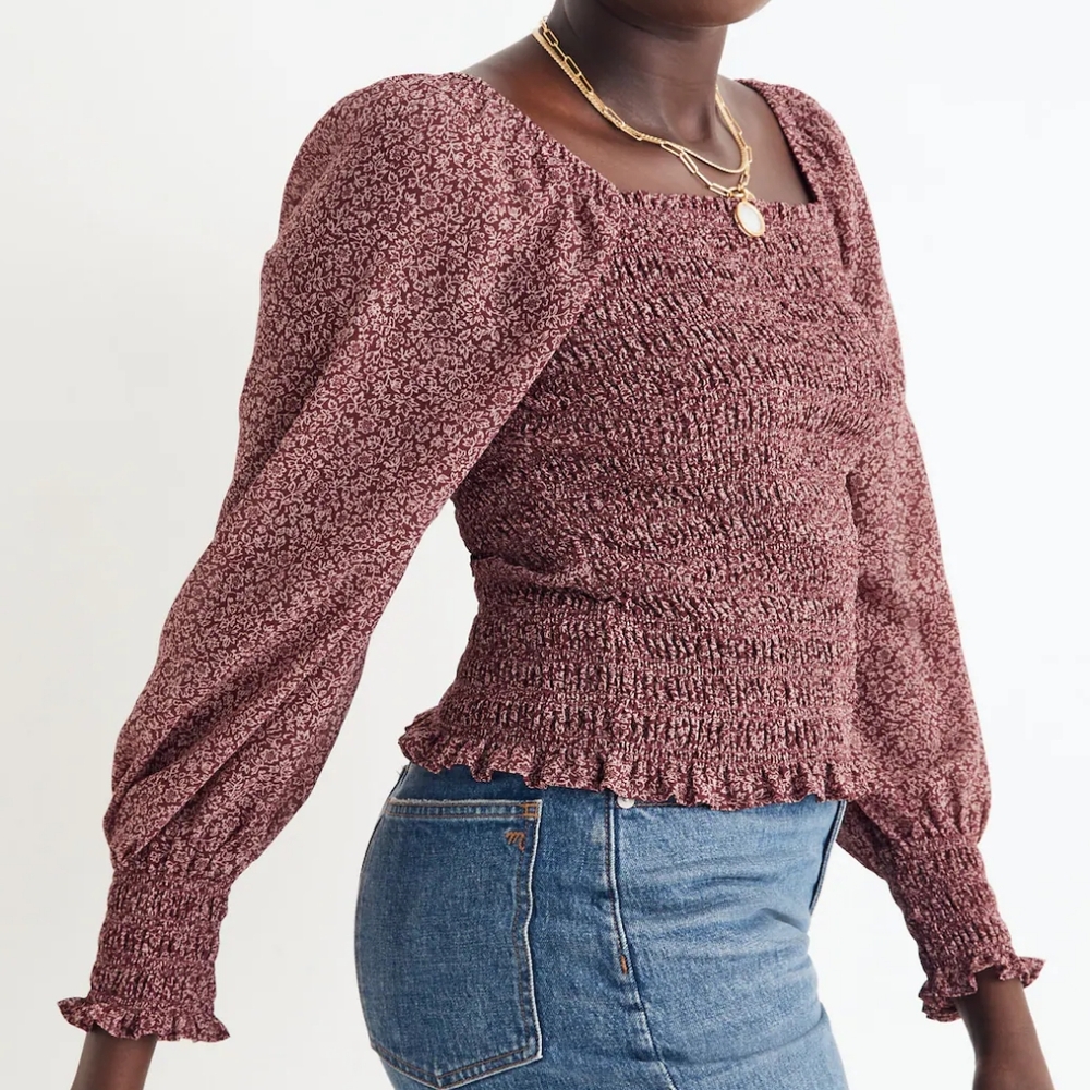 Madewell Mauve Floral Smocked Square-Neck Blouse